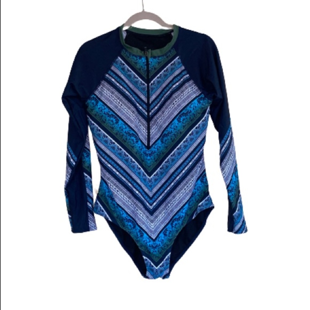 Zesica Blue Geometric Rashguard One-piece Swimsuit